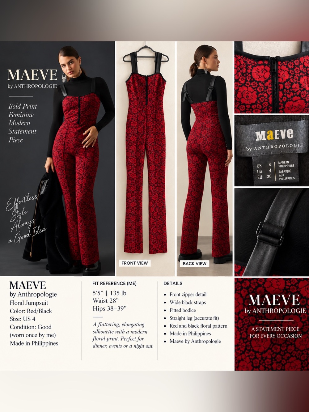 Maeve Anthropologie Red Black Floral Wide Leg Jumpsuit US 4 EU 36